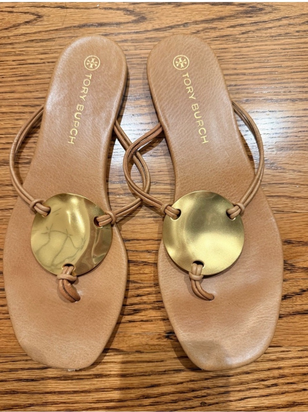 Tory Burch Tan Leather Thong Sandals with Gold Disc